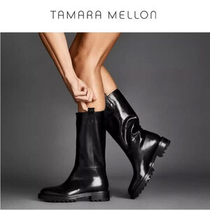Tamara Mellon Easy Rider Mid Calf 35 Leather Black Boots Size 38 Y2K Grunge Moto